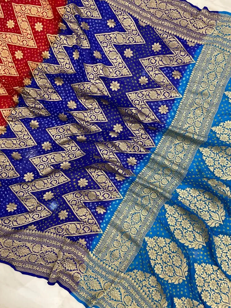 Red Blue Bandhani Khaddi Gerogette Handloom Saree pallu view