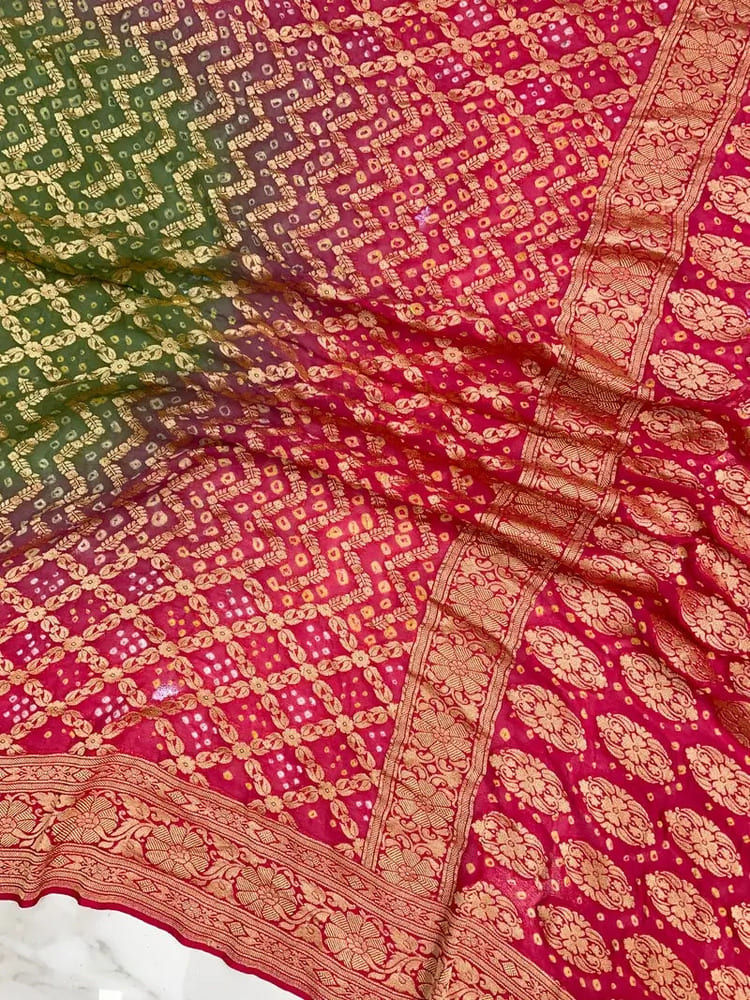 green shaded khaddi georgette bandhej saree pallu view