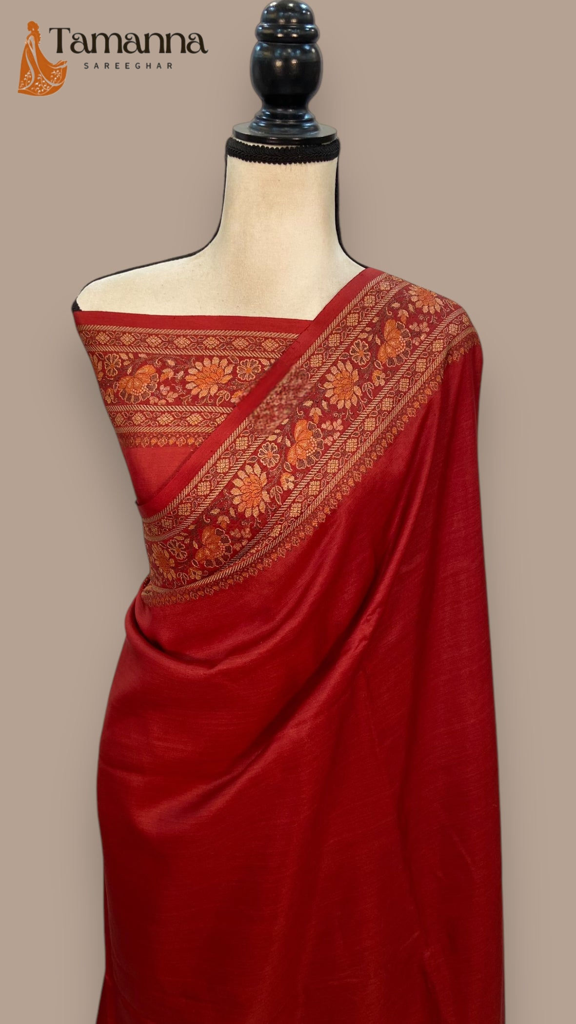 Red Pure Butter Crepe Banarasi Saree front view