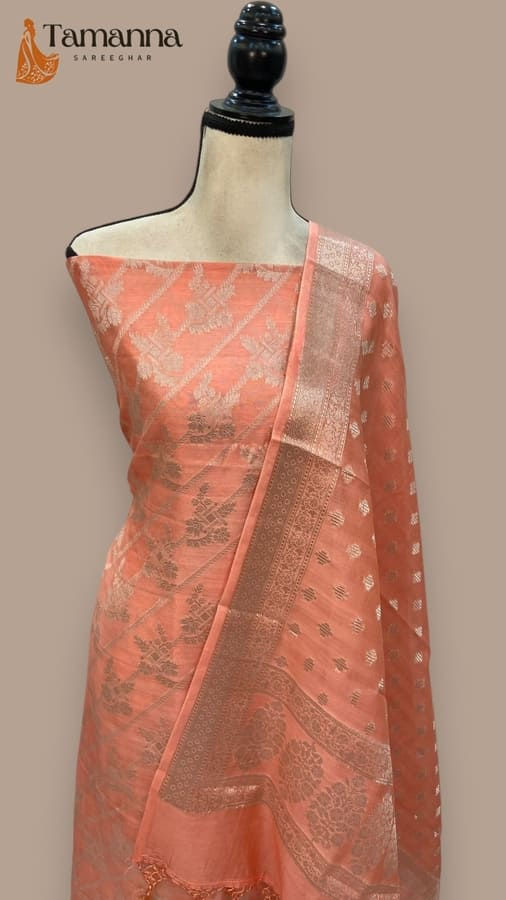 onion pink chanderi cotton banarasi dress material front view