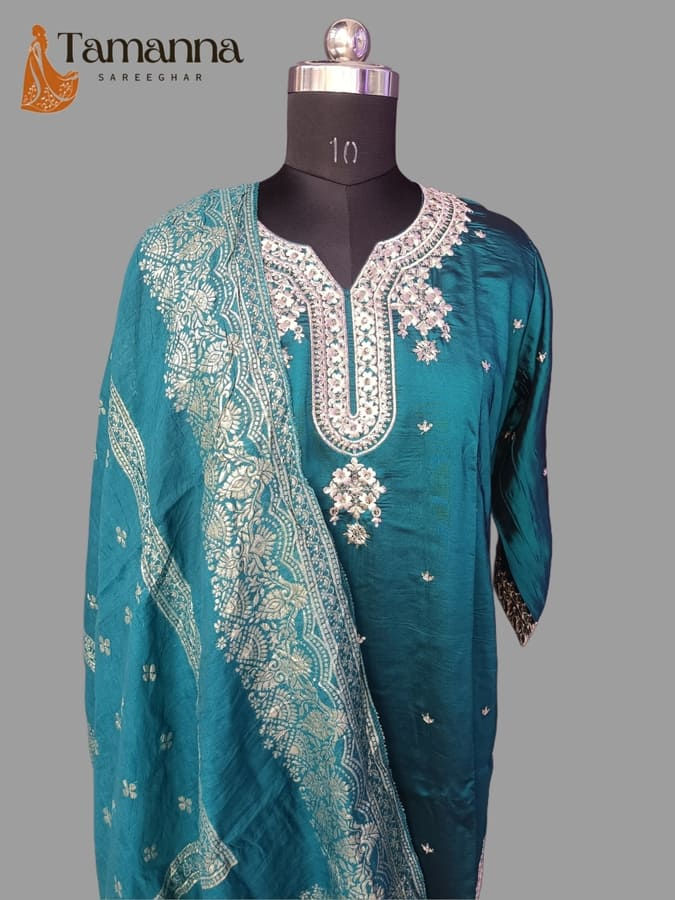 teek blue silk suit set front view