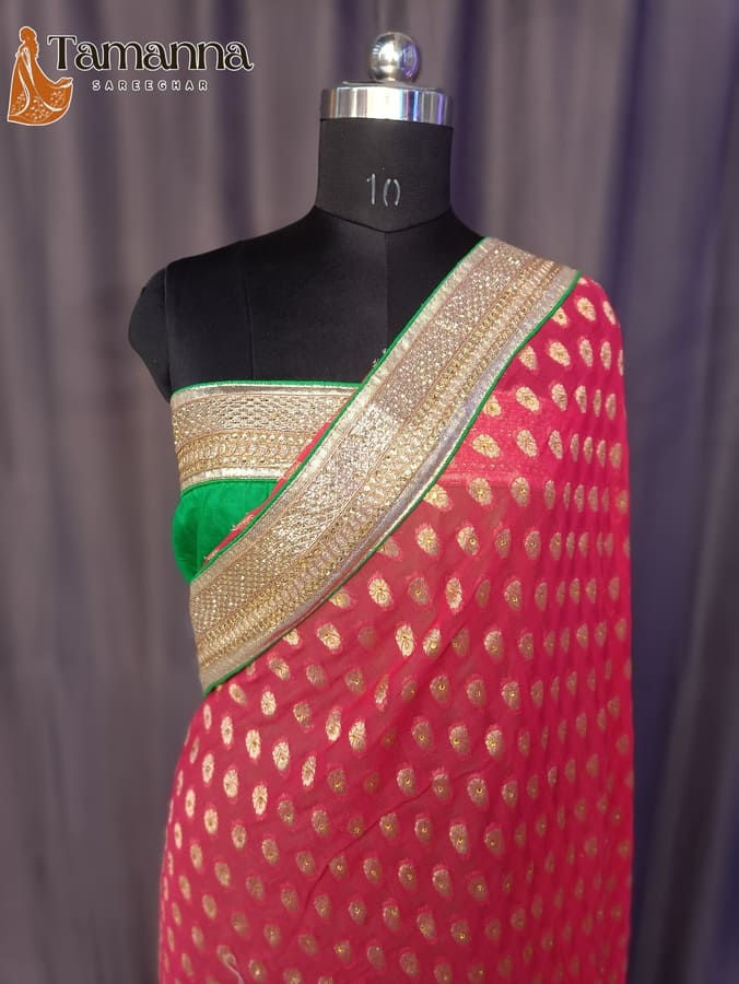 red half half pure georgette saree front view