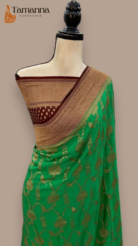 jade green khaddi georgette banarasi saree front view