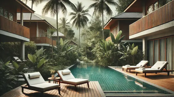 DALL·E 2024-10-27 16.45.45 - A simple yet pleasant resort in Thailand by a pool, featuring a serene and inviting atmosphere. The scene includes a medium-sized swimming pool with c.webp