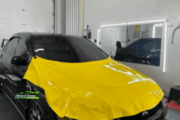 A vinyl wrap installer smooths a large sheet of bright yellow wrap over the hood of a black car inside a detailing shop, preparing it for final application.