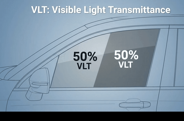 Blue graphic explaining visible light transmittance with a car side window split into lighter and darker sections. Text reads "VLT. Visible Light Transmittance. 50 percent VLT. 50 percent VLT."