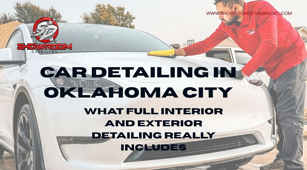A Showroom Detailing employee in a red shirt wipes the hood of a white car outdoors. The graphic includes the text “SHOWROOM DETAILING” “WWW.SHOWROOMDETAILINGOKC.COM”
“CAR DETAILING IN OKLAHOMA CITY” and “WHAT FULL INTERIOR AND EXTERIOR DETAILING REALLY INCLUDES”.