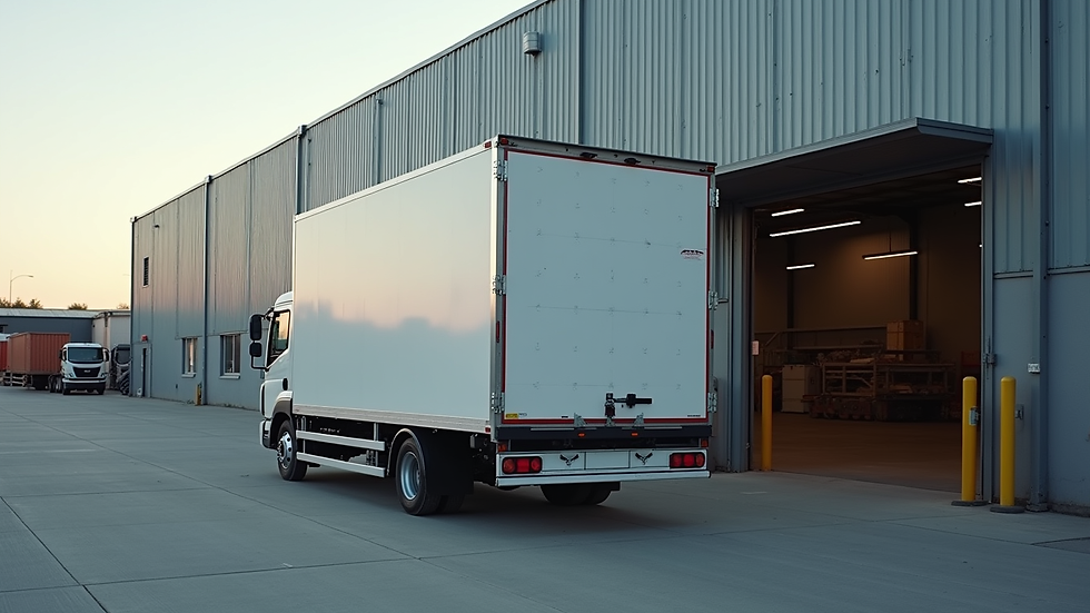 High angle view of a delivery truck parked in front of a warehouse
