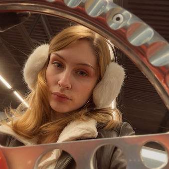Sheridan Guerrette wearing white earmuffs and a leather jacket looks through a metal object with circular holes, set against a dark industrial ceiling.