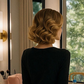 back head portrait of Sheridan Guerrette's medium blonde bob, styled and curled for her sister's wedding where she is the maid of honor. she is also wearing a long sleeve black dress