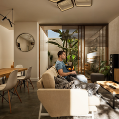 Hombre relajado en sofá, sala moderna con patio