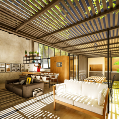 Diseño interior moderno y luminoso con techos altos