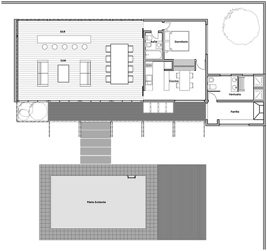 Plano de casa con piscina y salón