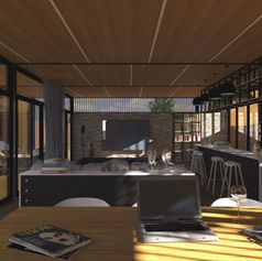 Diseño interior moderno: sala, barra, jardín