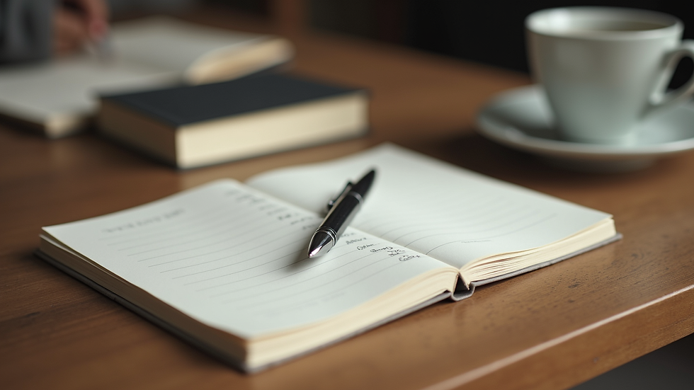 Eye-level view of a journal and pen on a wooden table