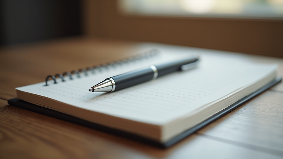 eye-level view of a notebook and pen on a wooden table