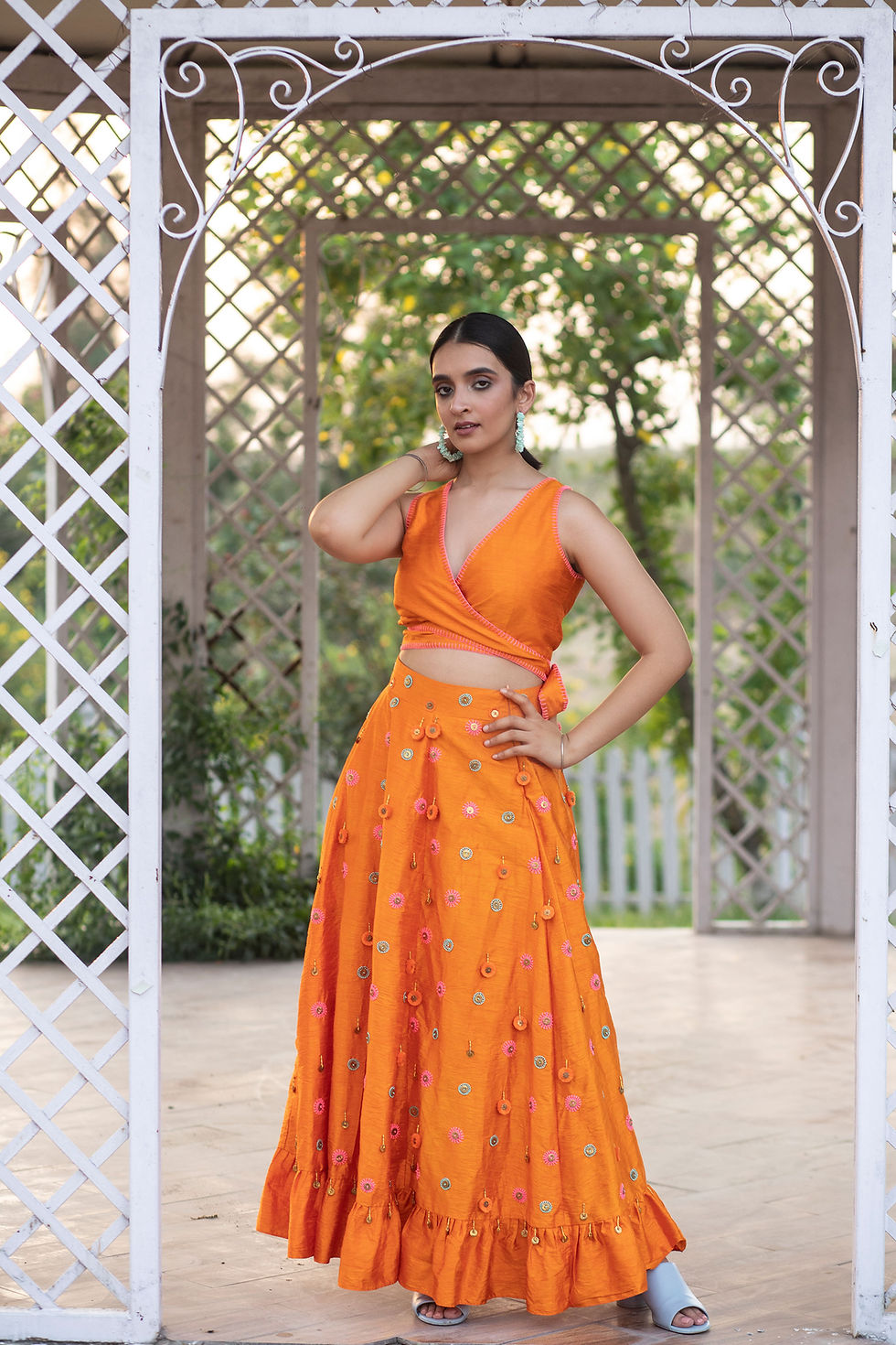 Thumbnail: Orange Solid Wrap Top & Skirt
