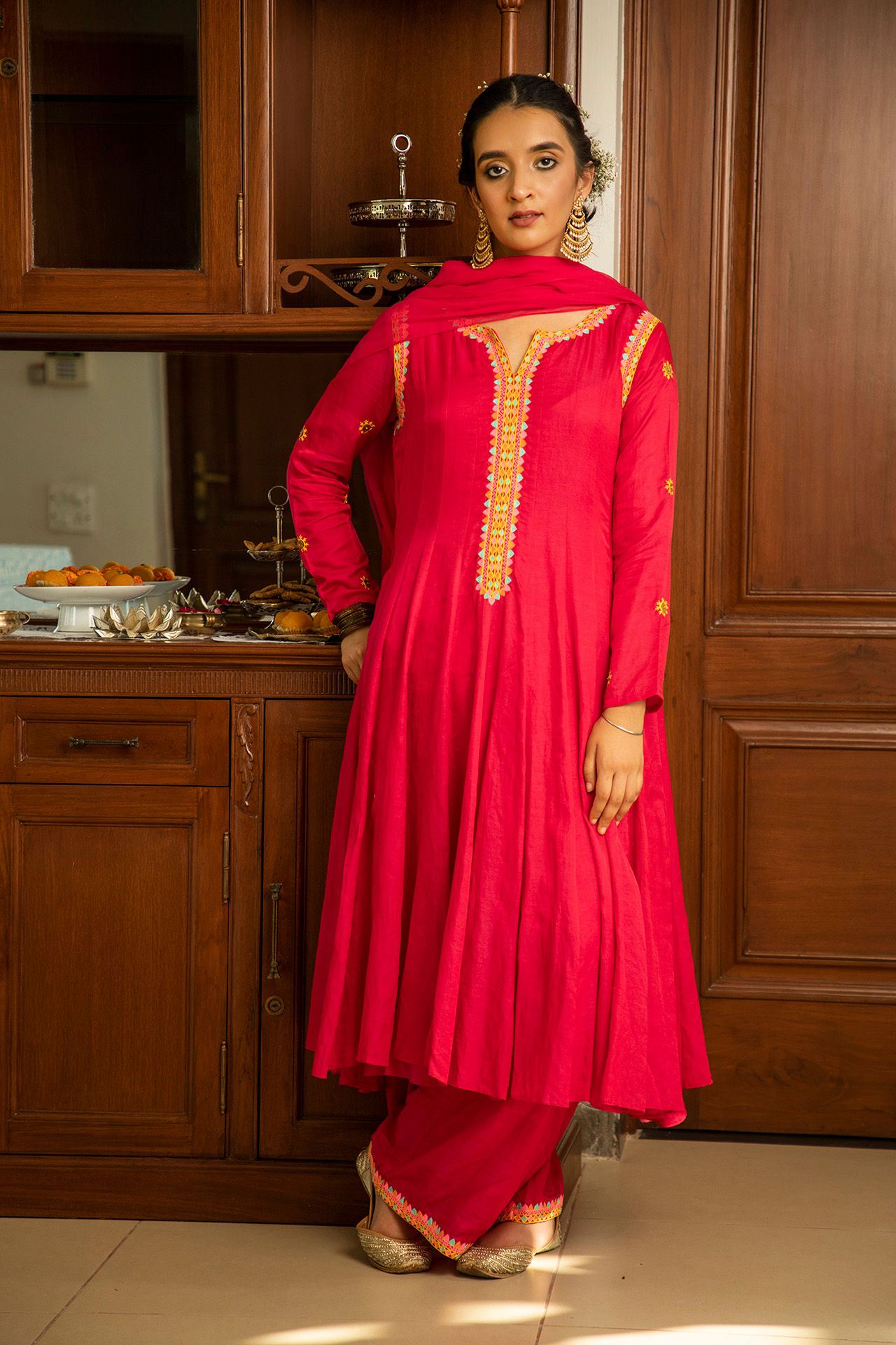 Rani pink adariya suf kurta, palazzo & dupatta