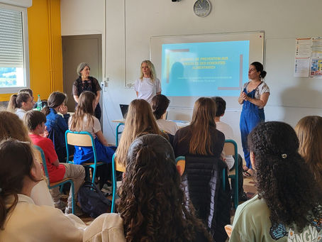 Intervention de l'association SAB69 en classe de 4e à Saint Martin en Haut, en compagnie de Marie (infirmière) et Gaëlle (psychomotricienne) du centre TCA de Lyon.