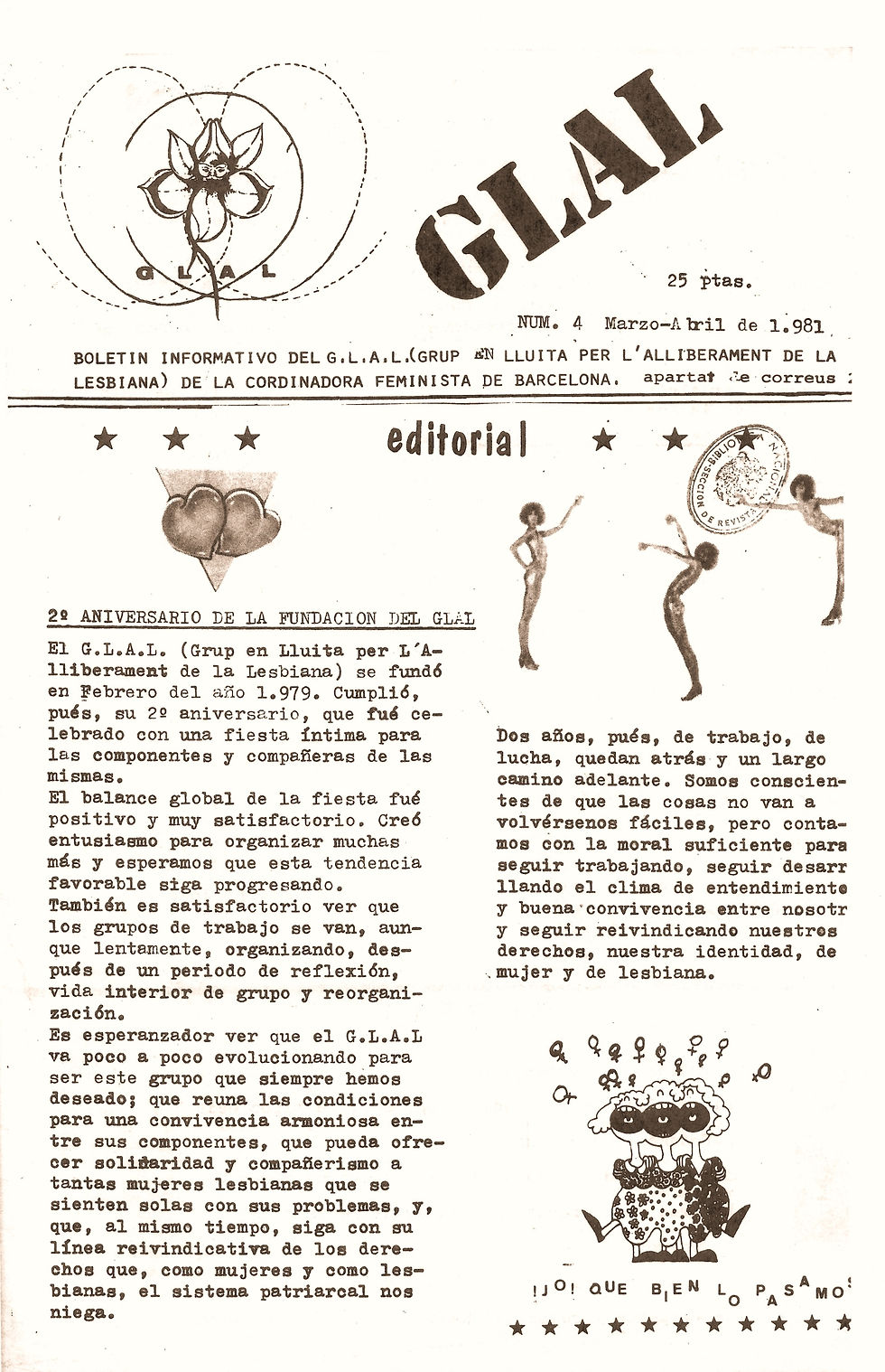 Boletín G.L.A.L., nº 4, Grup en Lluita per l’Alliberament de la Lesbiana, marzo-abril 1981. Fuente: Biblioteca Nacional de España.