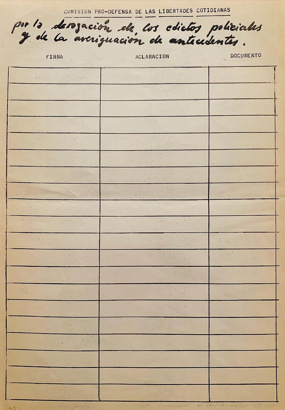 Planilla de firmas de la Comisión Pro-Defensa de las Libertades Cotidianas. Diciembre 1983. Fuente: Archivos Desviados.