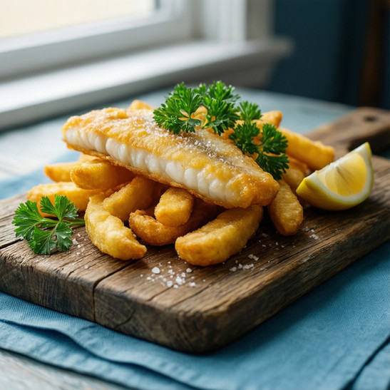 Poisson pané, frites, citron, 