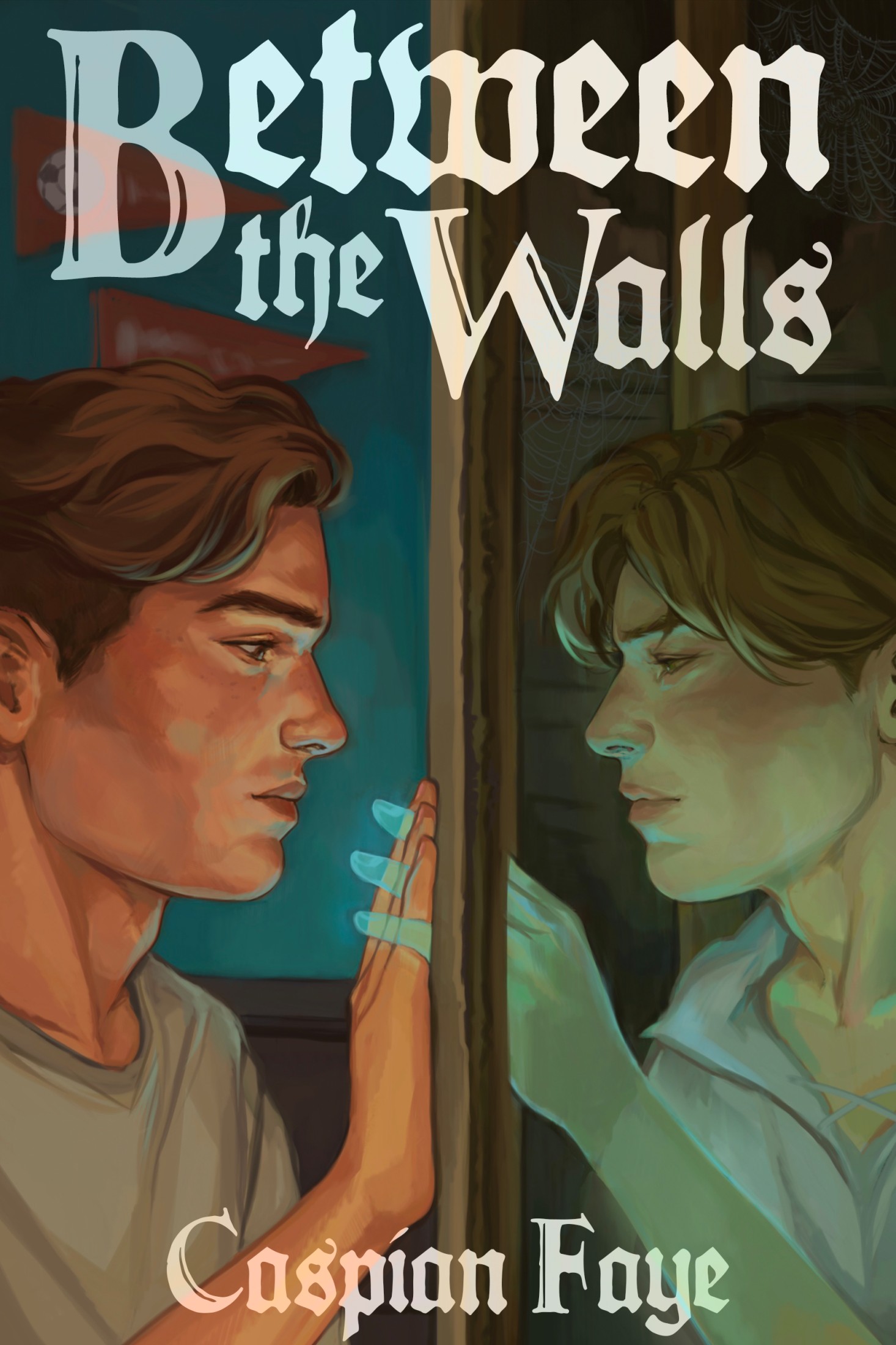 The title 'Between the Walls' hangs over two boys in ghostly lettering, the boys are divided by a wall, one has his hand pressed flat against the wall, whiel the other whose hand is glowing blue and translucent is slipping through the wall to interlace his fingers with the other boy's.