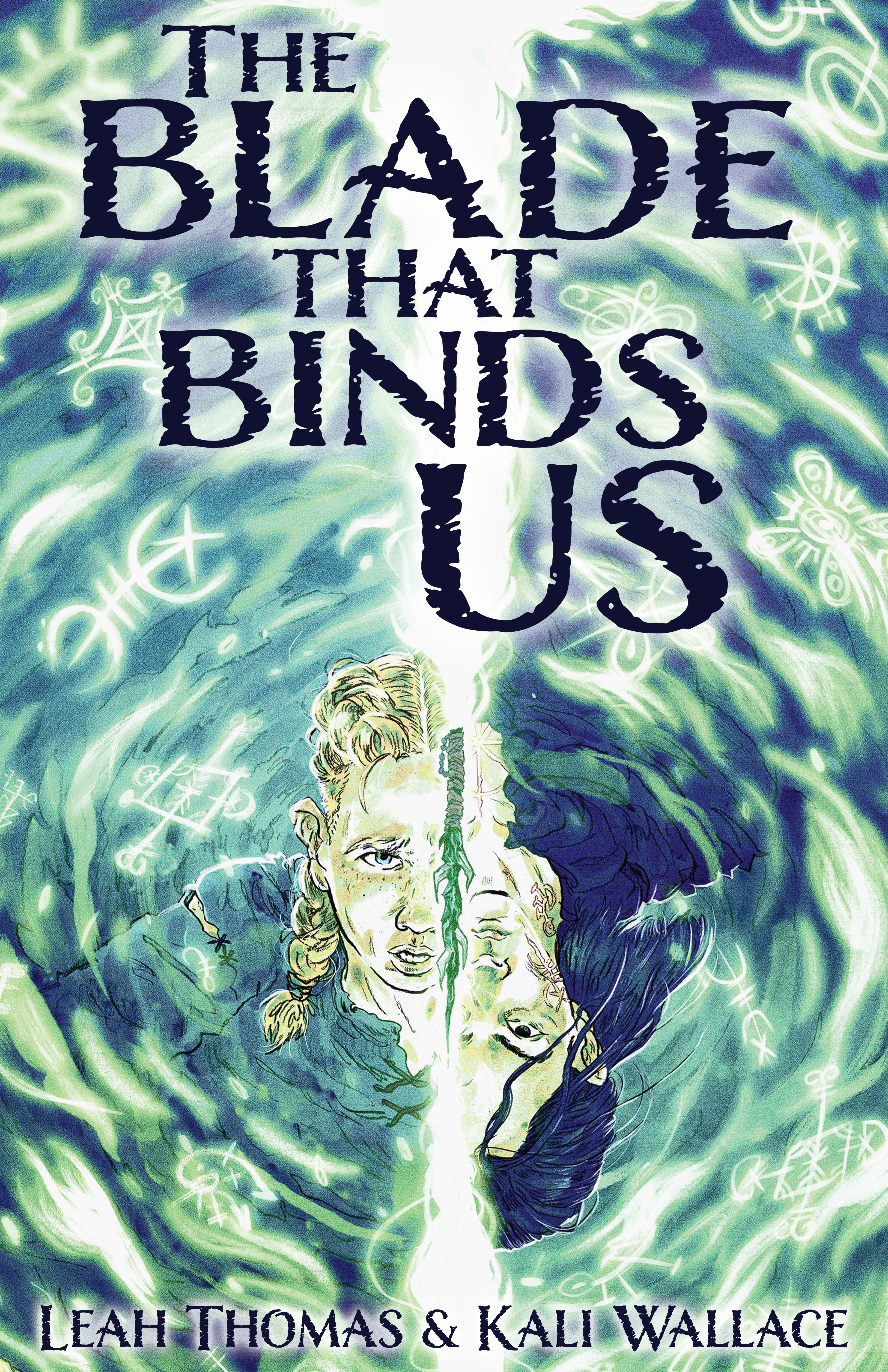 The title "The Blade that Binds Us" in jagged blue writing over a green magical swirl where the faces of two boys, one light haired and fair with blond braids, and the other dark haired, asian, and with staves carved into his skin, sit on opposite sides of a magical blade. 