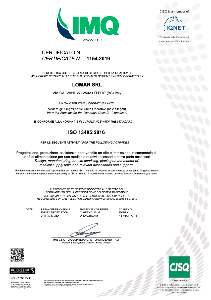 Lomar Medical Certificato Sistema di Gestione per produzione testaletto ospedalieri , sist