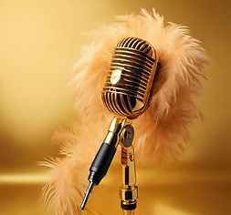 gold retro mic with ostrich feathers and gold background.jpg