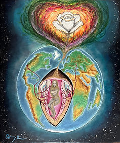 Woman growing in Mother Earth's uterus practicing self-love and self-compassion, and growing a white rose as the symbol of peace and symbiosis