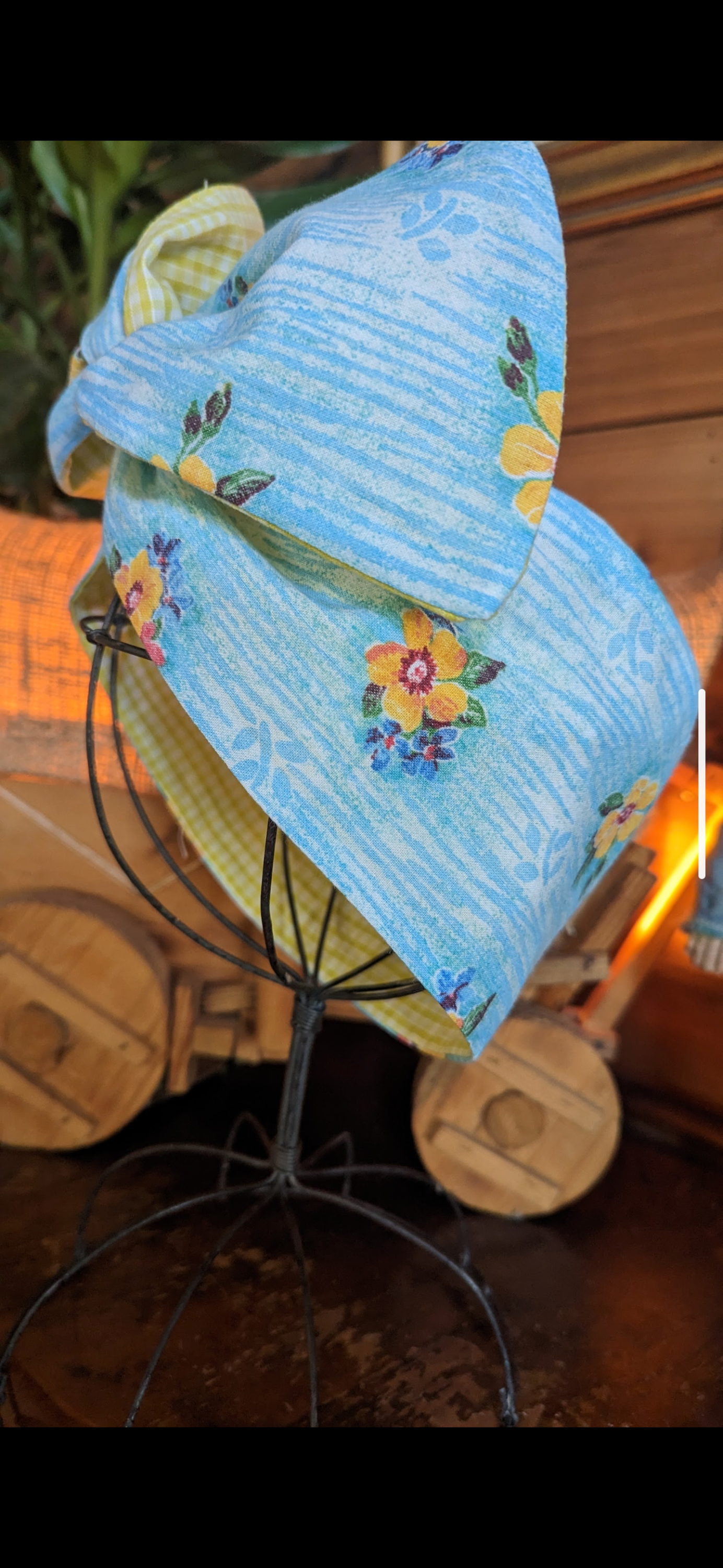 Vintage Fabric - Tropical floral on blue Reversible vintage yellow check