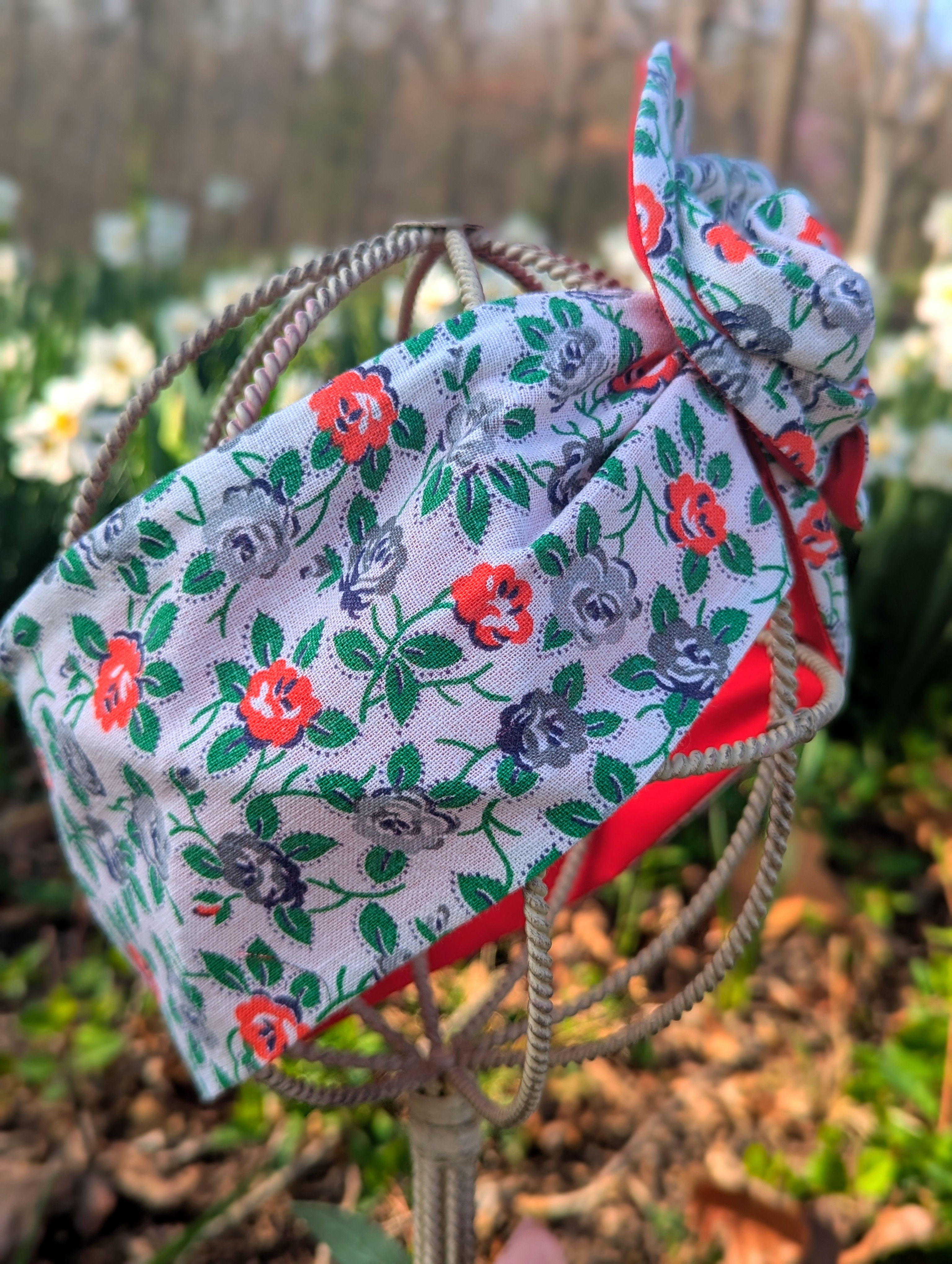 Vintage fabric  Red & Grey Roses- Reversible Red