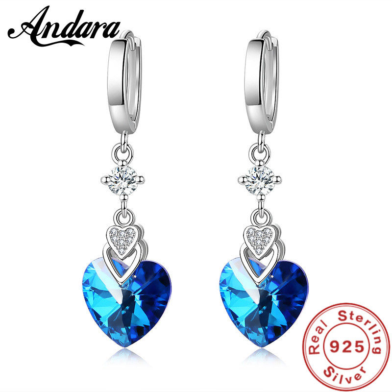Thumbnail: 925 Sterling Silver Earrings Blue Crystal Heart-Shaped Zircon Earrings For A Wom