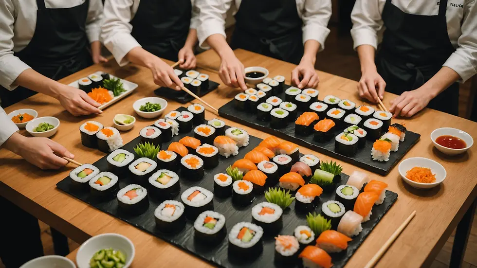 High angle view of a sushi-making class with vibrant ingredients