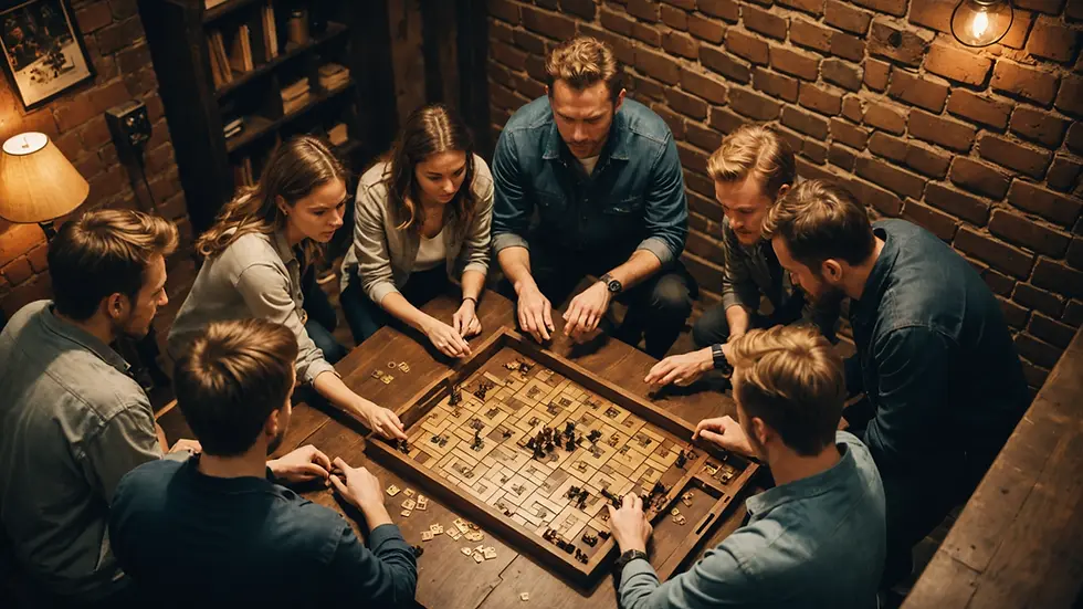 High angle view of an escape room with attendees solving a puzzle