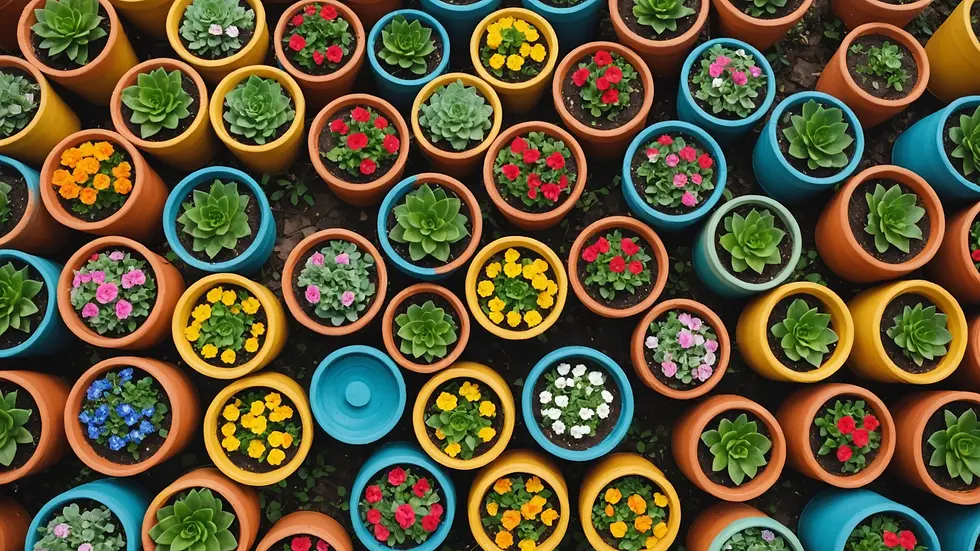 High angle view of vividly painted flower pots