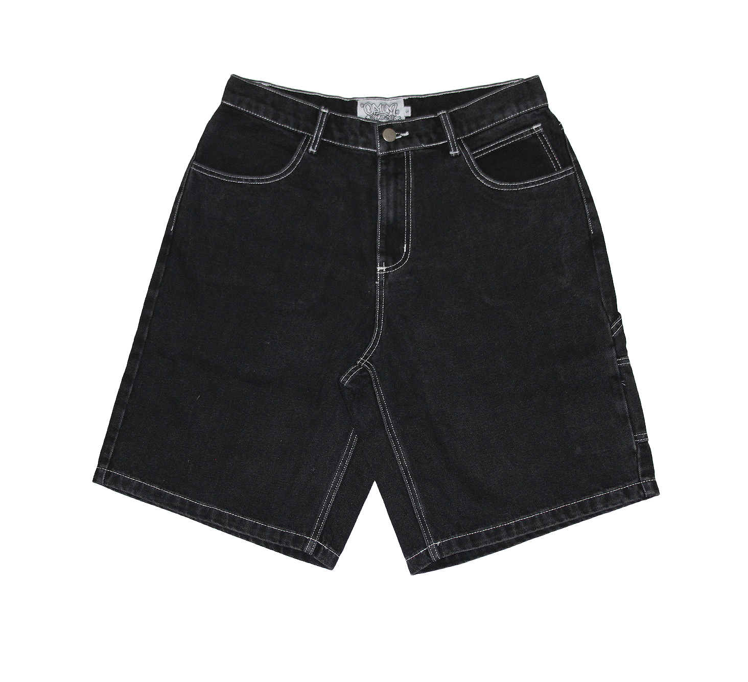 front design with contrast stitching 2000s y2k skater design jorts. op1um skate co. baggy jeans shorts jorts