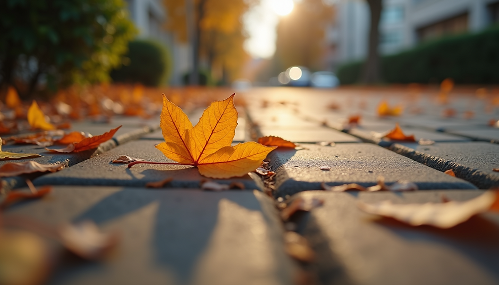 Close-up of a golden leaf on a brick road with autumn trees out of focus in the background