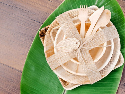 Set of eco-friendly palm leaf plates and wooden cutlery tied with ribbon on a green banana leaf