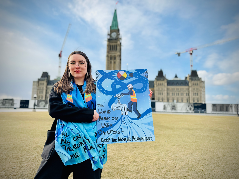Métis artist Mia Cook with her artwork and its scarf adaptation in front of Parliament Hill