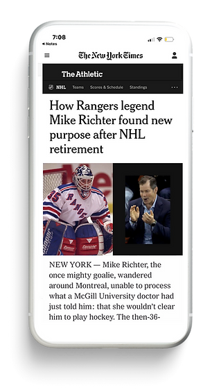 A phone showing an article about Mike Richter.
