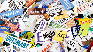 Collage of colorful cut-out words and phrases scattered across a surface, representing keywords, language fragments, and mixed messaging in SEO content.