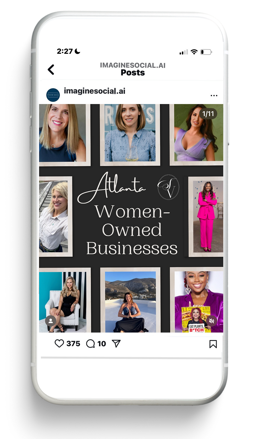 An Iphone showing an Instagram post titled, "Atlanta's Women Owned Businesses" created by Imagine Social.