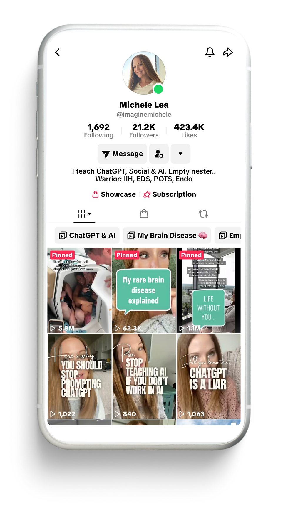 @ImagineMichele TikTok profile shown on a phone