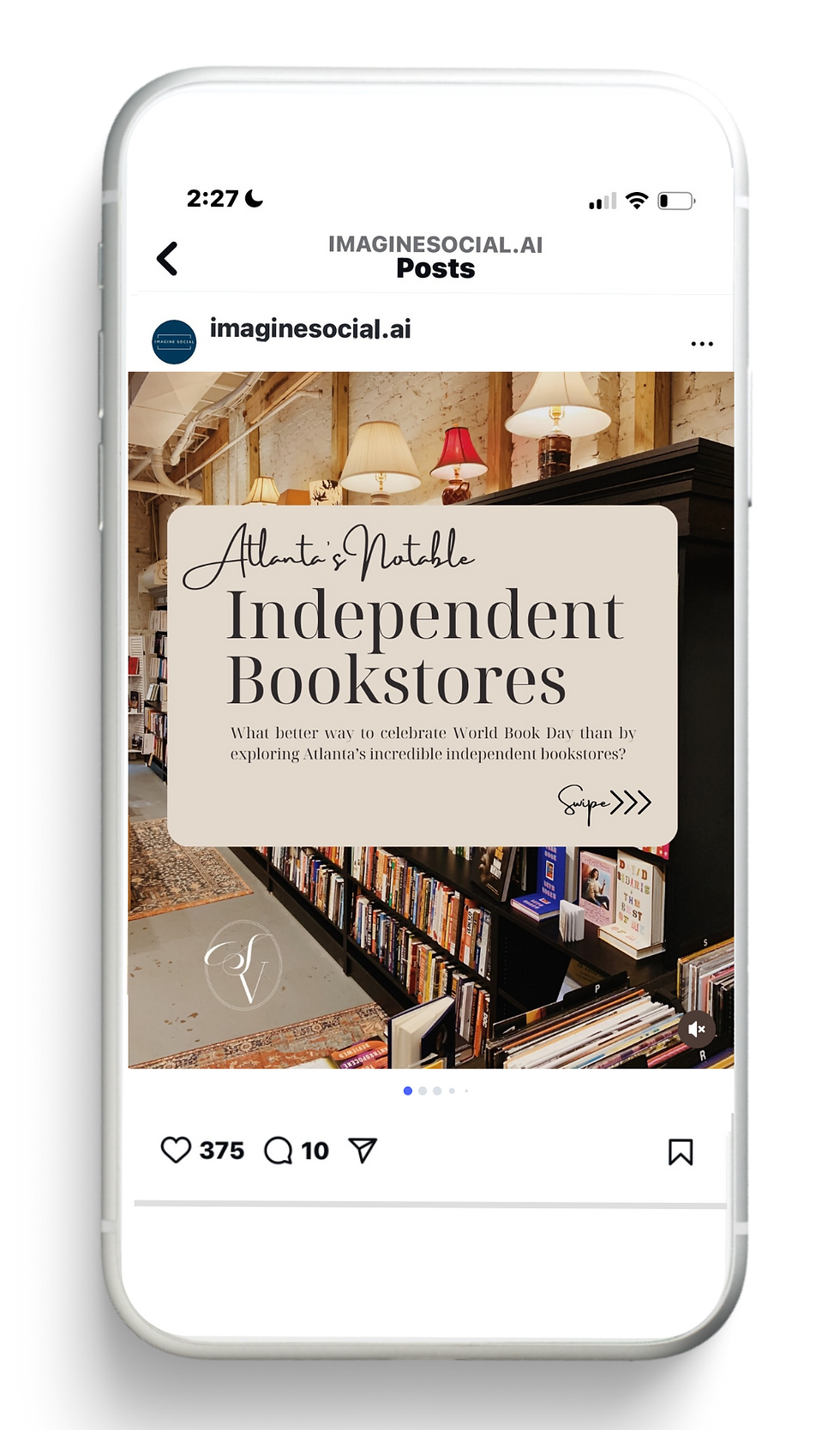 An Iphone showing an Instagram post made by Imagine Social. It is titled, "Atlanta's Most Notable Independent Bookstores."