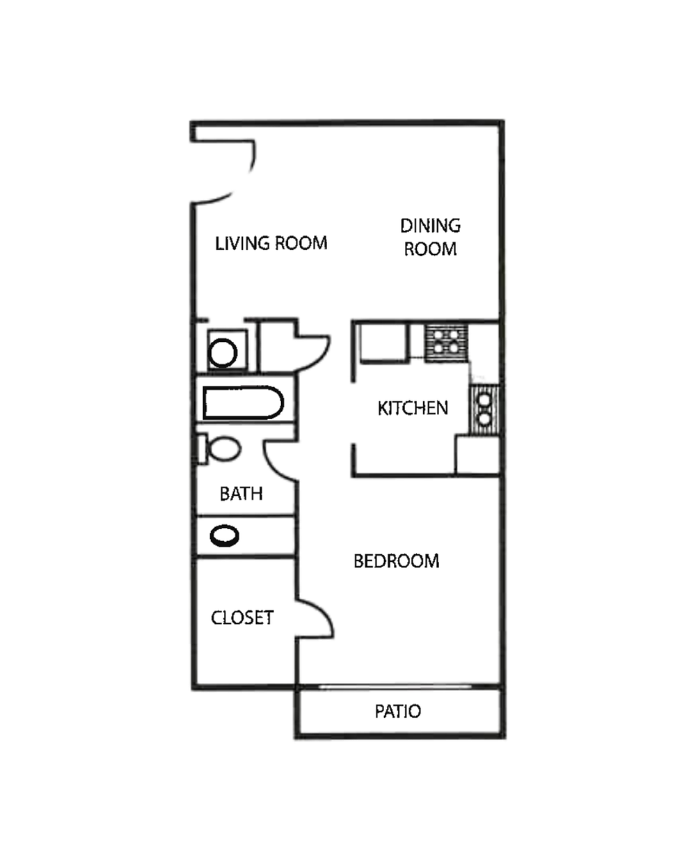 A rendering of the layout of the Cypress floor plan, a 1 bedroom apartment at WillowBrook Apartments in Pensacola, Florida.