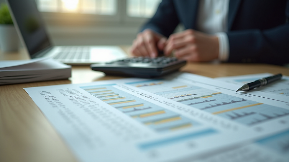 High angle view of a desk with budget planning documents and calculator