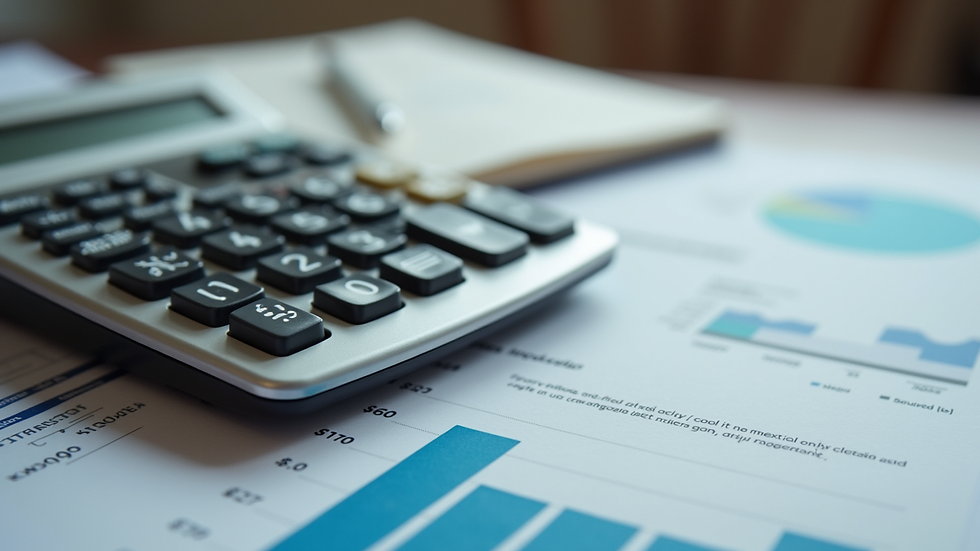 Close-up view of a calculator and financial documents on a desk