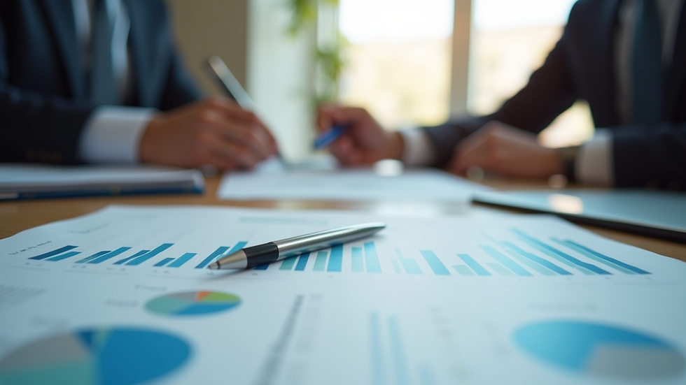 Close-up view of a financial advisor's desk with charts and documents